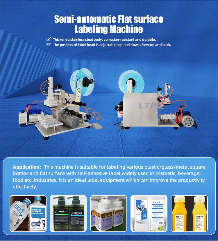 Semi-automatic flat surface <a href=https://www.ytkpack.com/Labeling-Machine.html target='_blank'>labeling machine</a> for flat square bottles or boxes.jpg